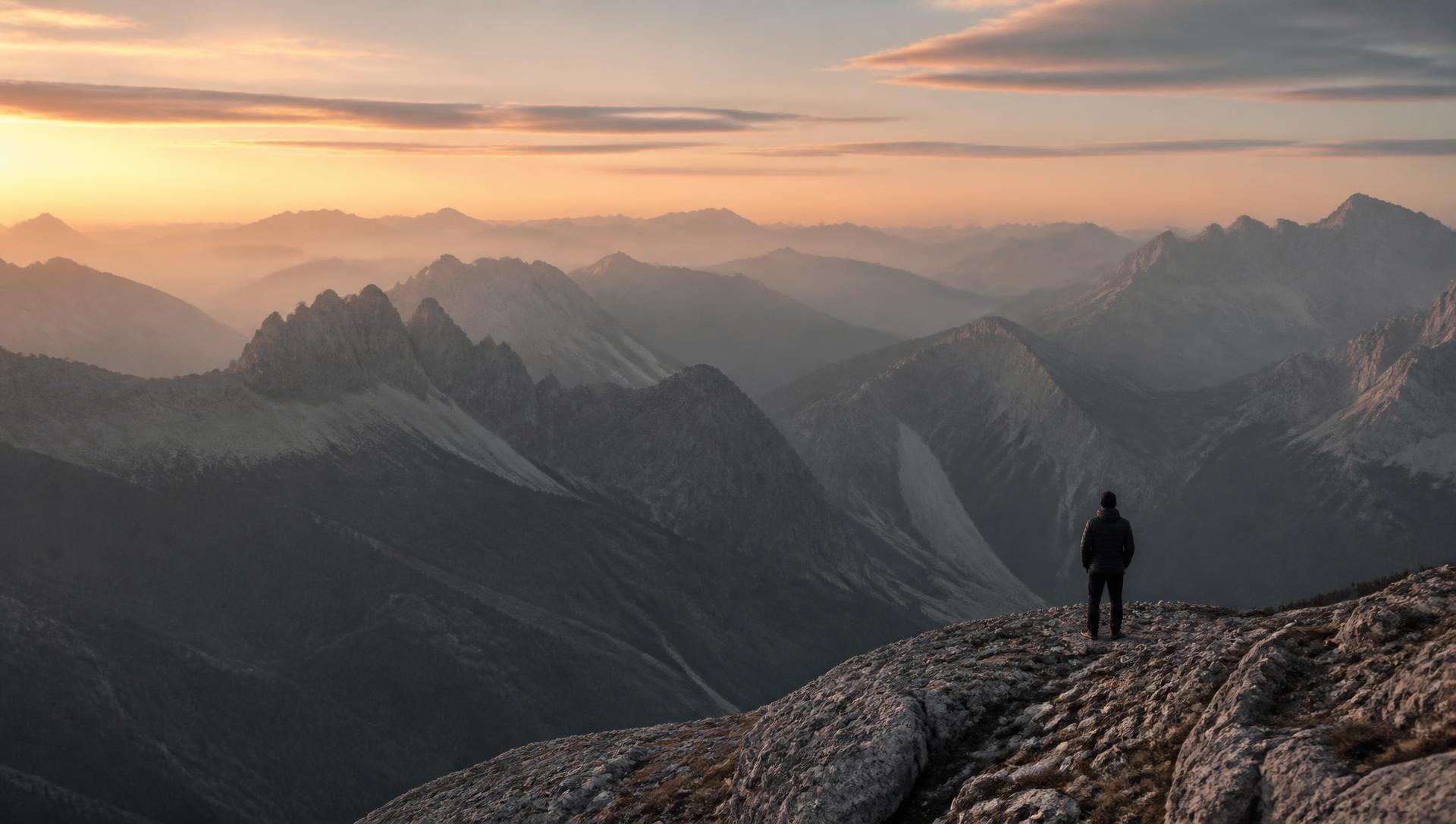 A lone person overlooking a vast mountain landscape at sunrise